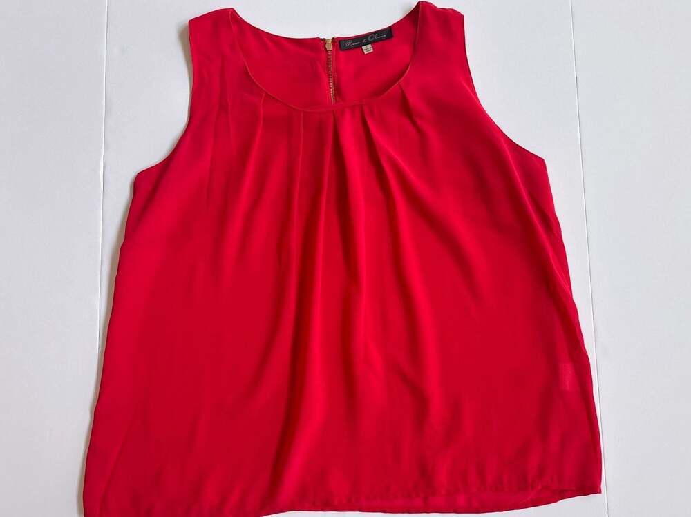 Rose & Olive Women's Red Sleeveless Blouse with Gold Front Zipper Detail